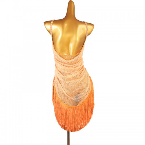 Custom size orange tassels competition flowy latin dance dresses for women girls kids professional sleeveless salsa chacha rumba performance outfits for female